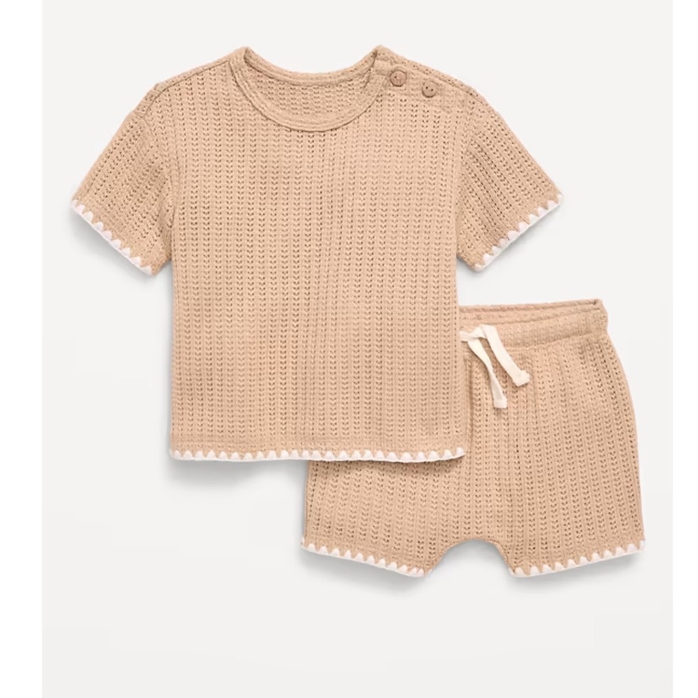 Old Navy Baby Tan crochet Knit 2-Piece Set  Trim Shorts Top 3-6M
